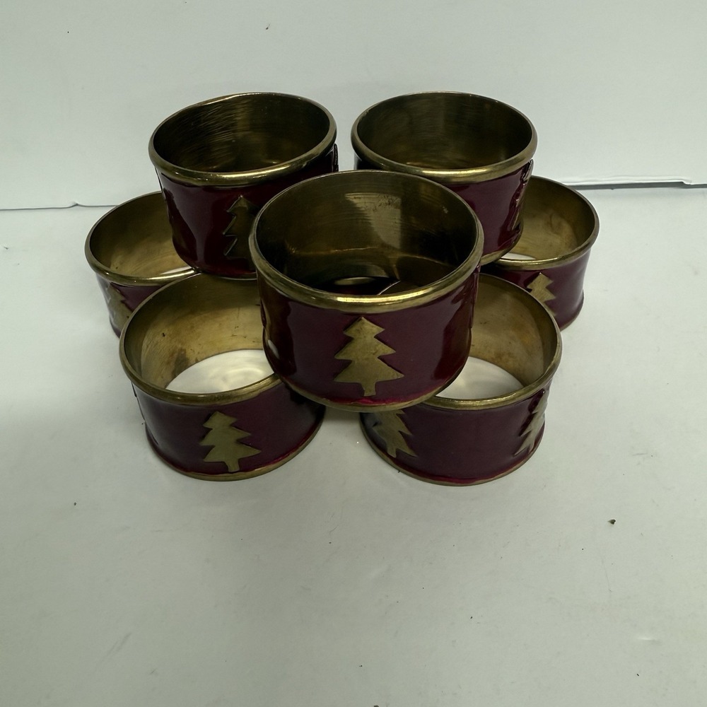 Set of 8 Brass Christmas Napkin Rings Burgundy Christmas Tree - Picture 2 of 8